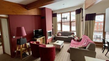 Télévision, cheminée, livres