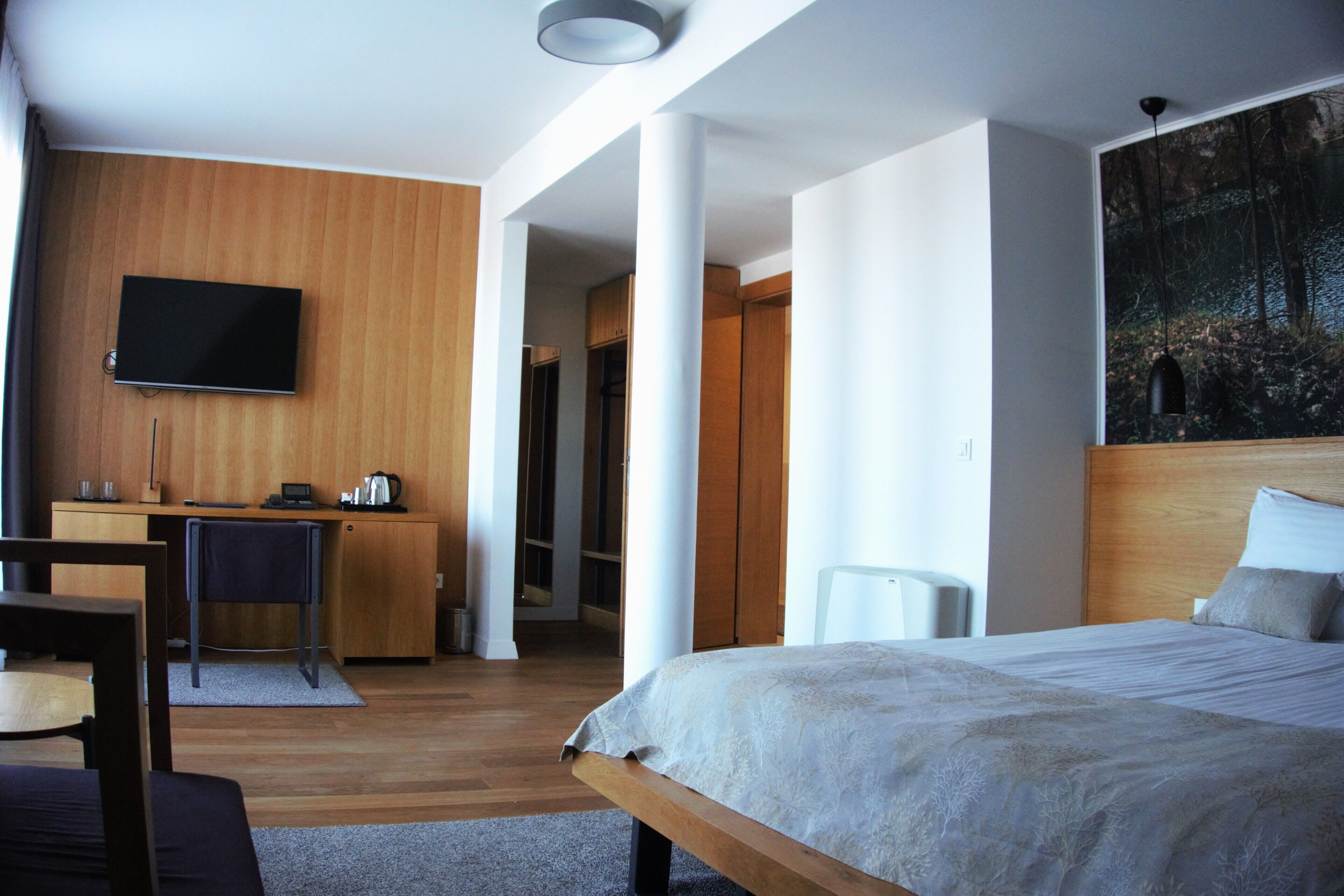 Una habitació d'hotel moderna amb un llit, un escriptori, una televisió i un quadre a la paret.