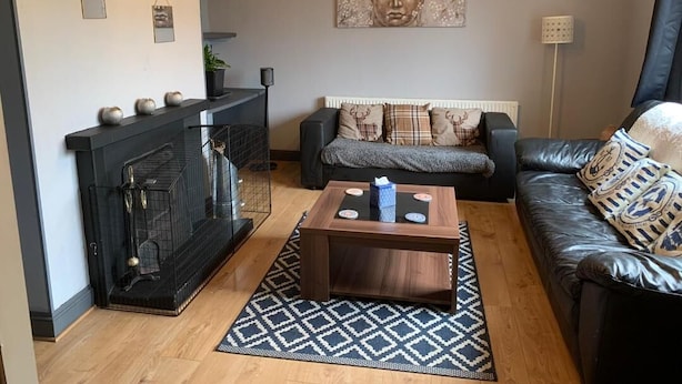 A living room with a fireplace, a sofa, a coffee table, and a wall-mounted artwork. - The Rabbit Hole - Kinlochbervie (Kinlochbervie)