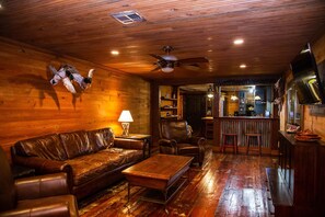 Smart TV, fireplace, books