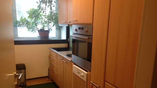 A kitchen with wooden cabinets, a stainless steel oven, and a potted plant by the window.