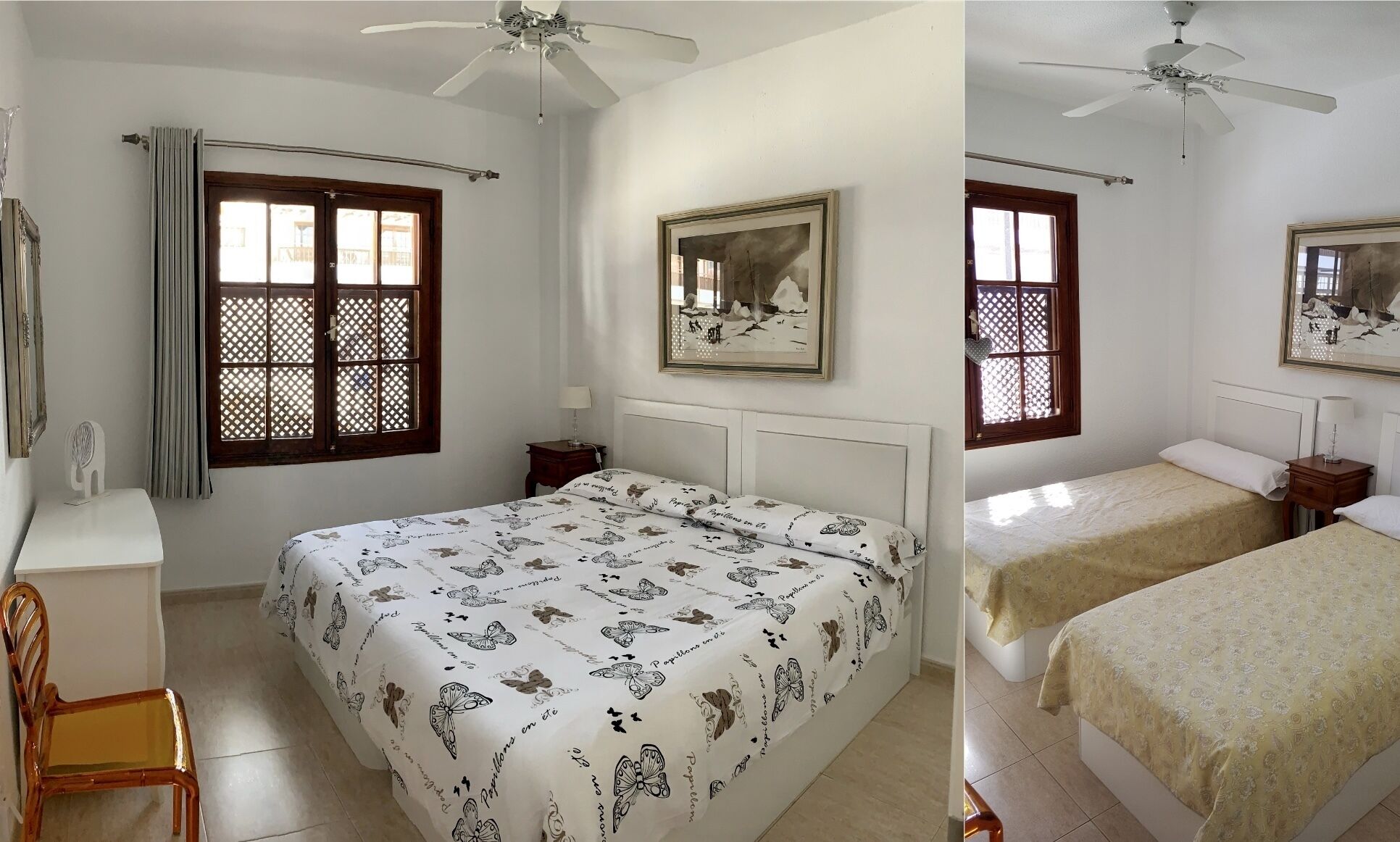 A room with a bed, a desk, a chair, a ceiling fan, and a window with a curtain.