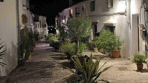En smal brostensgade med bygninger, hvoraf nogle har balkoner og krukker med planter.