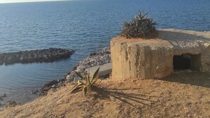 A coastal scene with a concrete structure, a small plant, and a rocky shoreline. - Vacation House La Rosa 🌹 (Trappeto)
