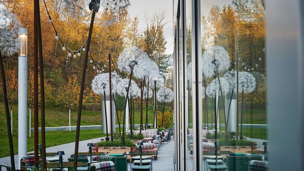 Un espacio al aire libre con mesas y sillas, rodeado de árboles y plantas.