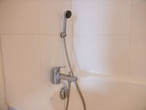 Bathtub, hair dryer, soap, toilet paper