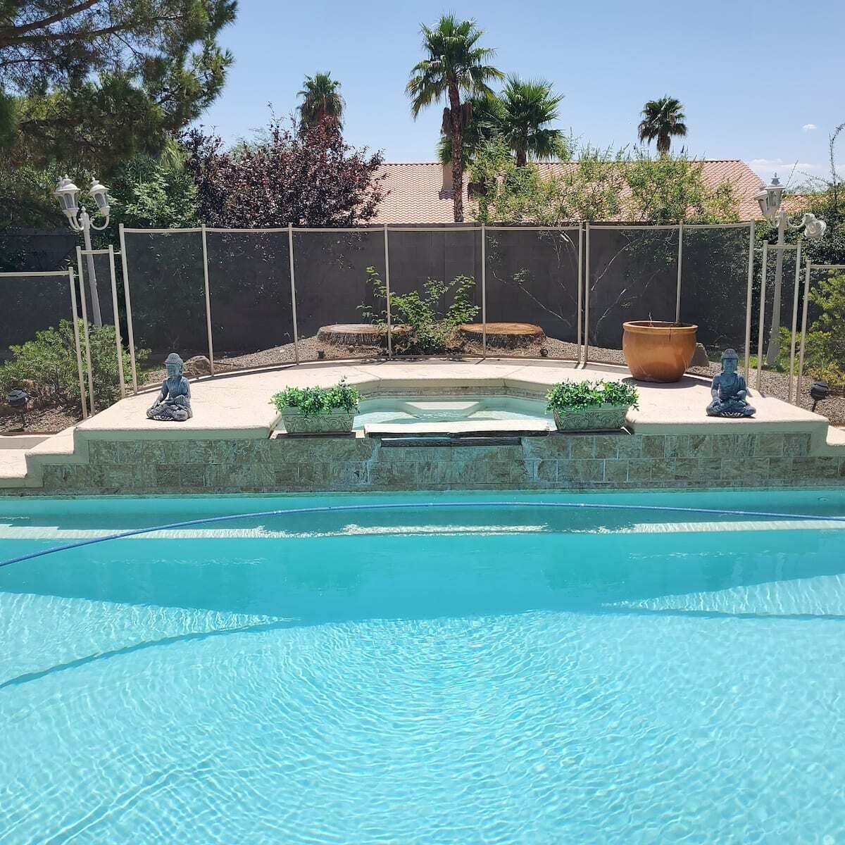 A swimming pool with two Buddha statues on the edge, surrounded by a fence and various plants.