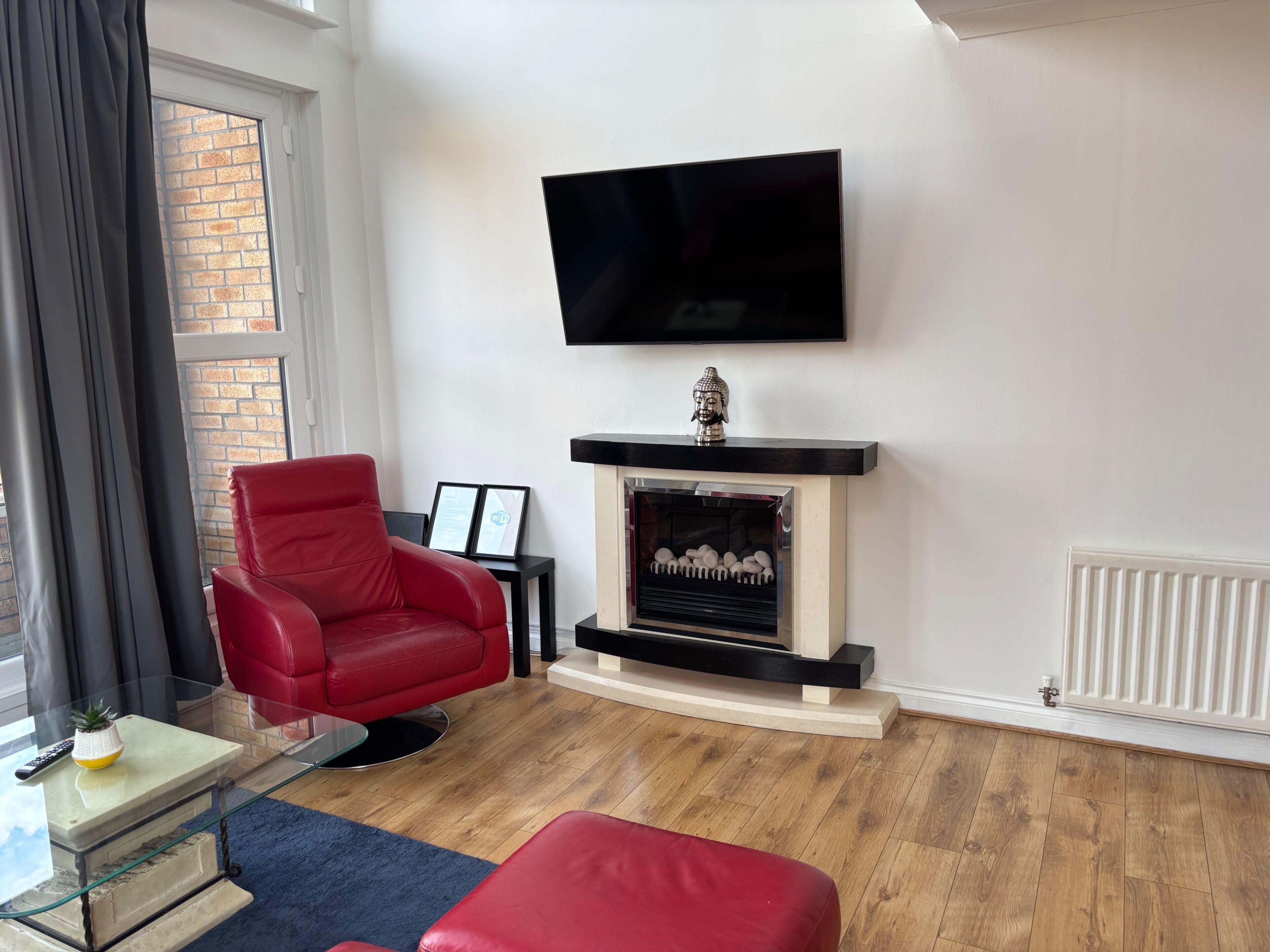 30-inch TV with digital channels, fireplace