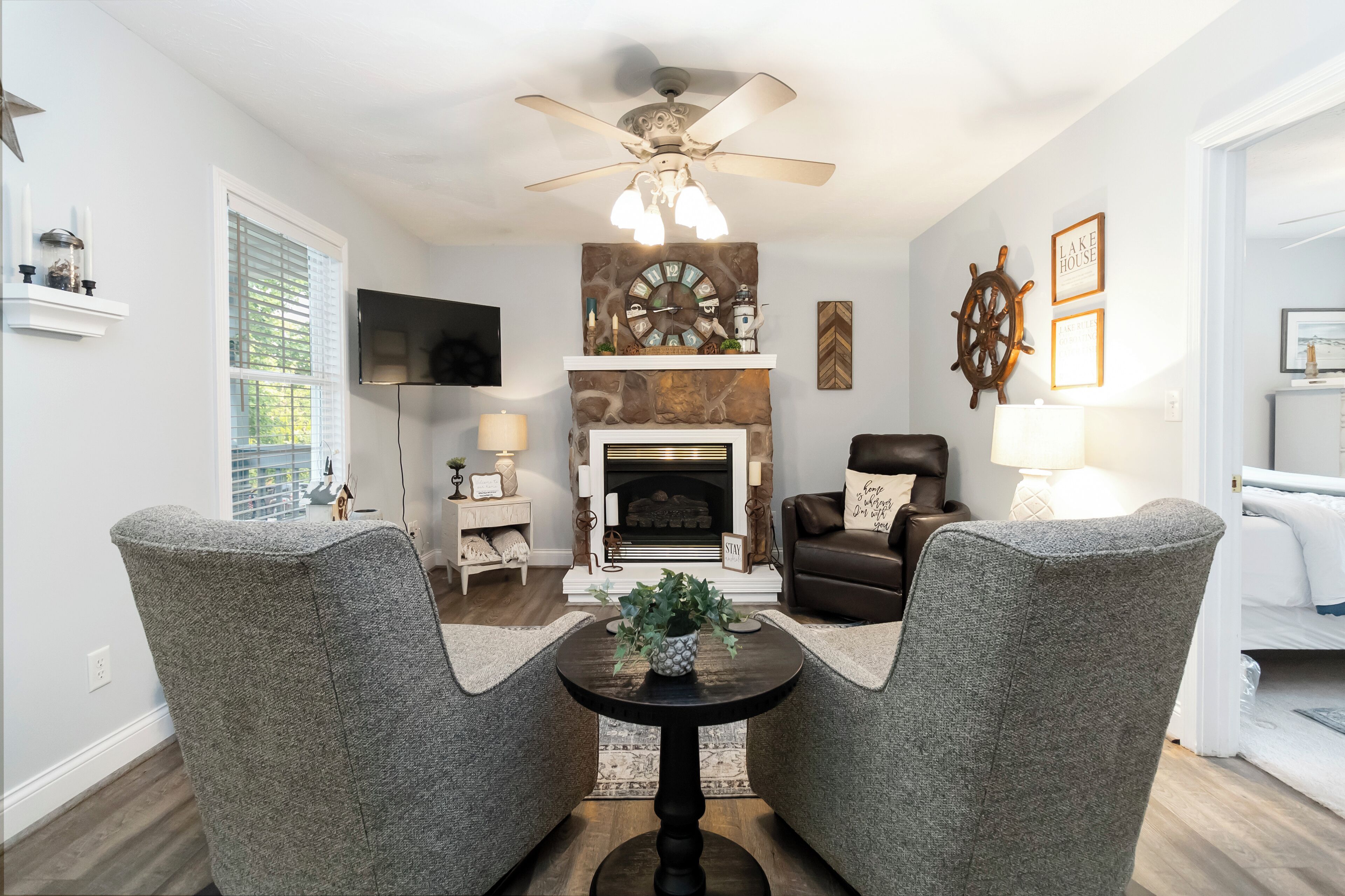 Smart TV, fireplace, DVD player, foosball