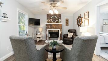 Smart TV, fireplace, DVD player, foosball