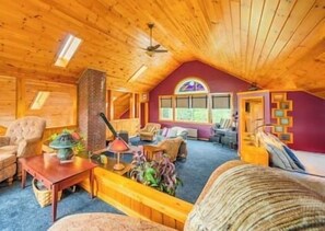 TV, fireplace, books