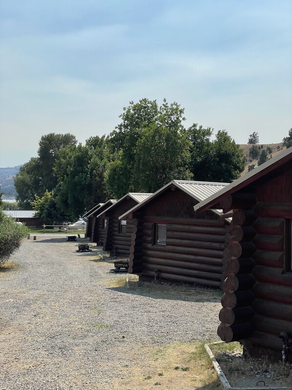 A row of log cabins with gravel paths, surrounded by trees and a clear sky.
