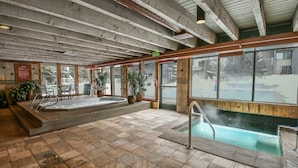 A spa area with a hot tub, a small pool, and a seating area with potted plants. - Lakeside 1497 (Keystone)