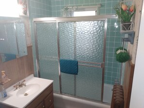 Combined shower/bathtub, hair dryer, towels, soap