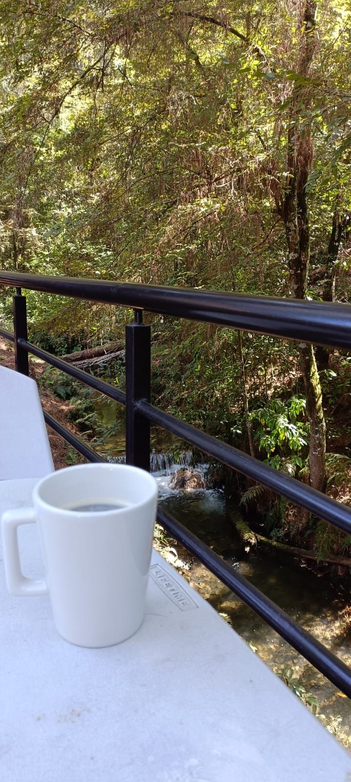 A white mug on a table with a railing overlooking a forested area.