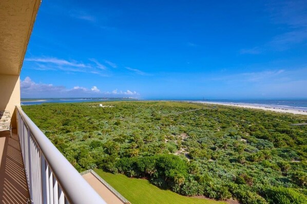 A balcony with a view of a beach and a dense green area.