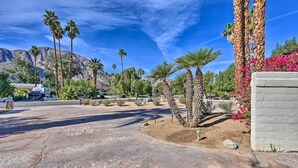Un camino pavimentado que conduce a un edificio con palmeras y plantas del desierto.