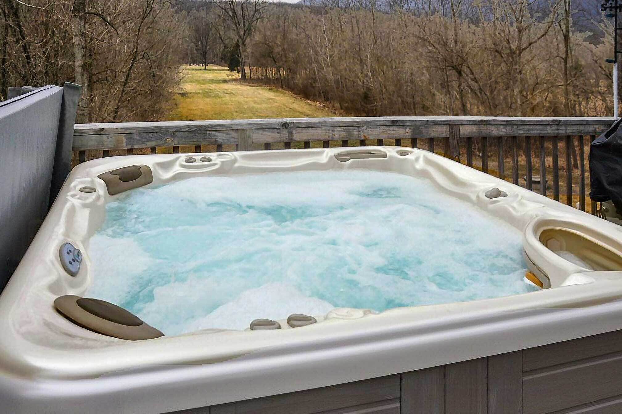 A hot tub with a view of a leafless tree-lined path.