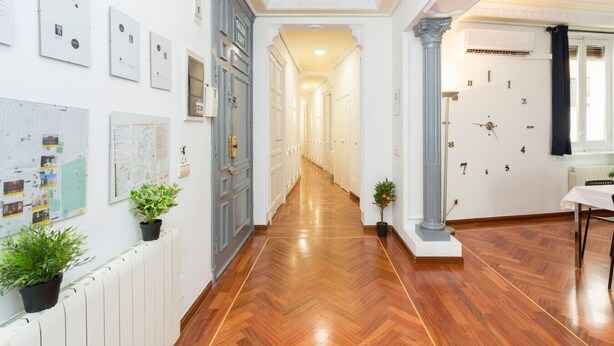 A hallway with wooden flooring, white walls, and a ceiling with a central light fixture. There are potted plants along the walls and a column with a clock on the right. - vip  LETRAS, by MONARO***** (Madrid)