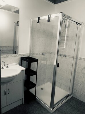 Shower, hair dryer, towels, soap