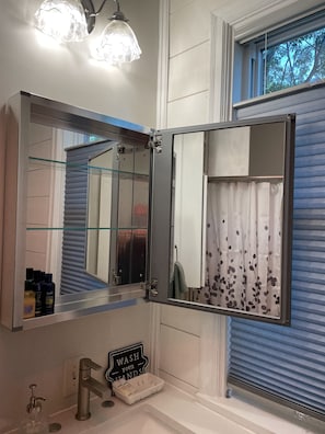 Combined shower/tub, hair dryer, towels, soap - Historic downtown flat (Owatonna)