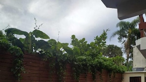 Une piscine bleue sur une terrasse en bois, avec un mur en briques et de la verdure en arrière-plan.