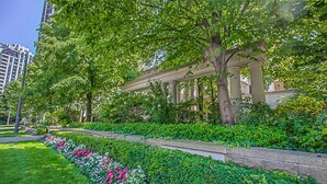 Un jardín con un pérgola, abundante vegetación y un sendero.