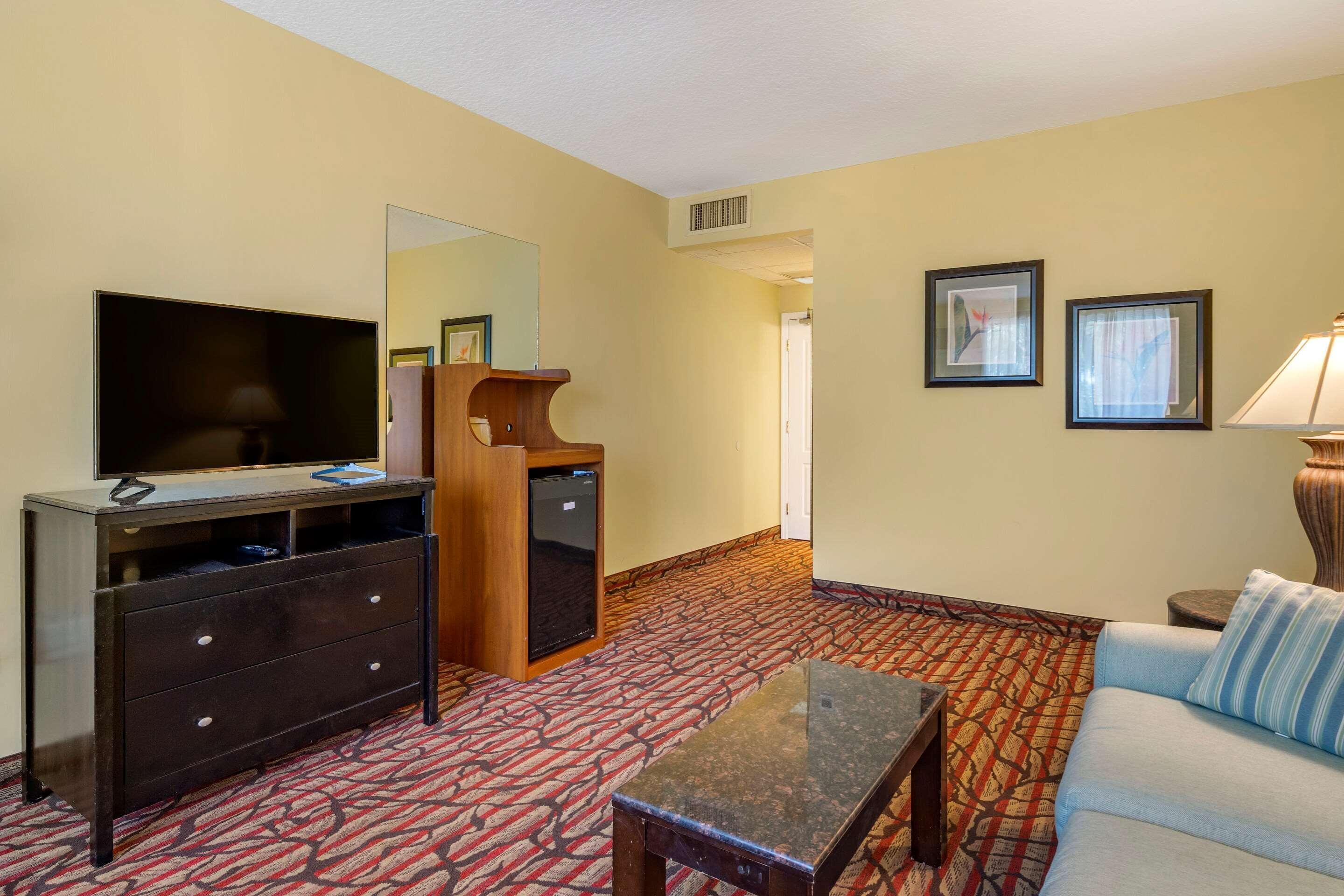 Habitación de hotel con televisión de pantalla plana, un mueble de madera, un sofá, una mesa de centro y una alfombra estampada.