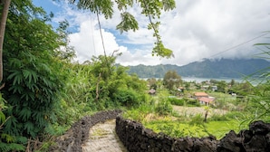 A stone pathway leading to a lush green area with a view of a lake and mountains in the background. - Break Villa Kintamani (Kintamani)