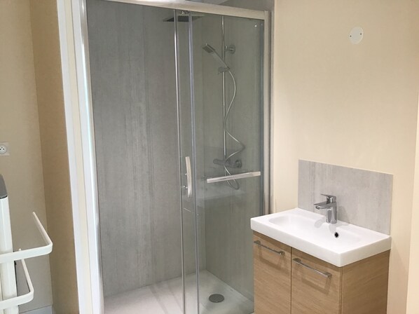 Regadera, secadora de cabello, toallas, jabón 