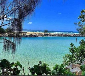 A beach with clear turquoise water, a rocky shoreline, and lush greenery in the foreground.