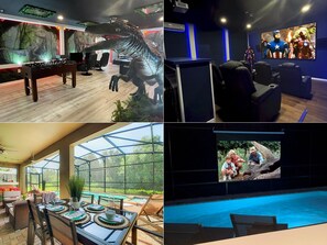 Relax and unwind in our hotel's recreational spaces, featuring a foosball table, movie area, and dining space with pool views.