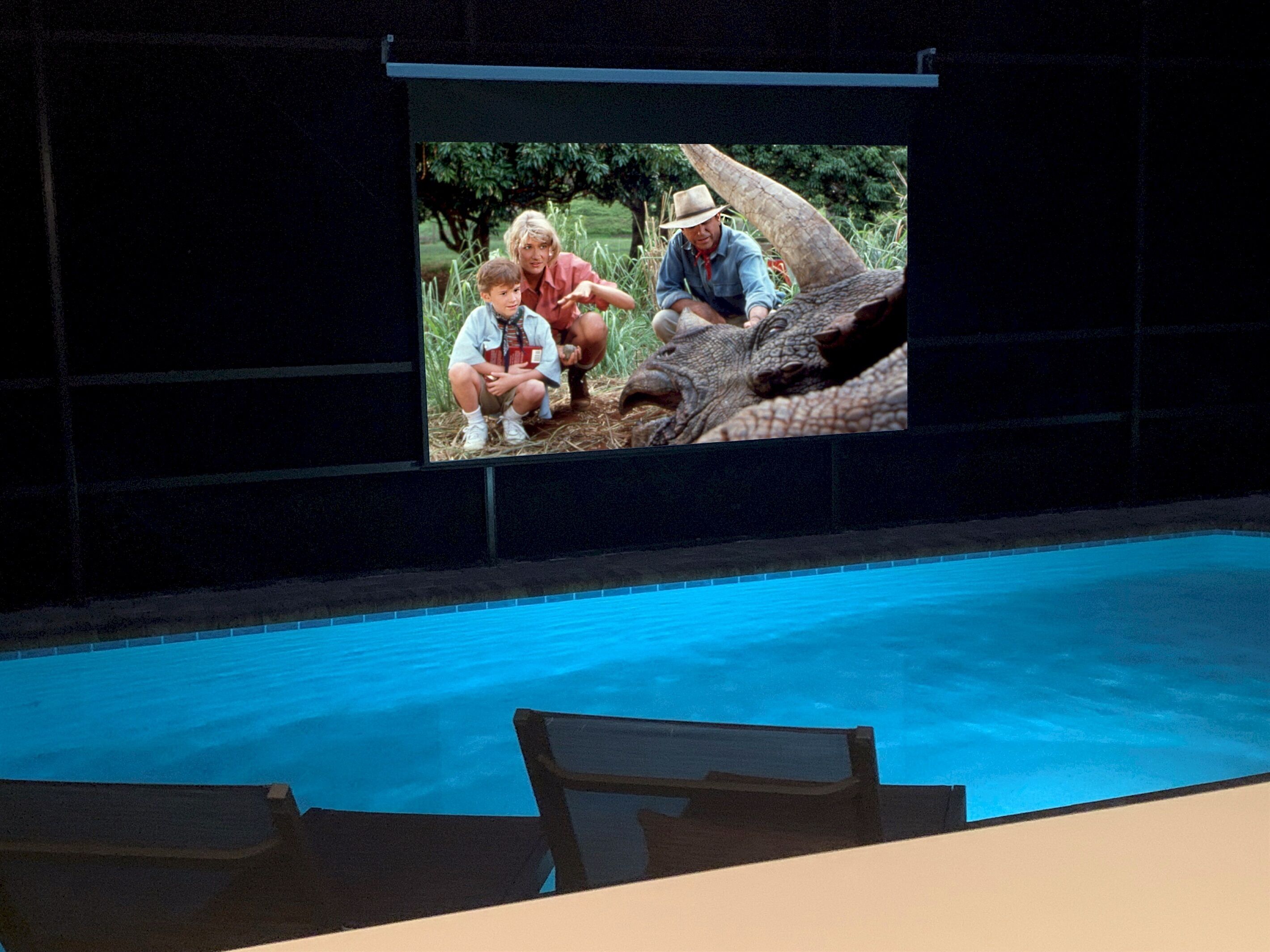 A swimming pool with a projection screen displaying a scene with people and an animal.