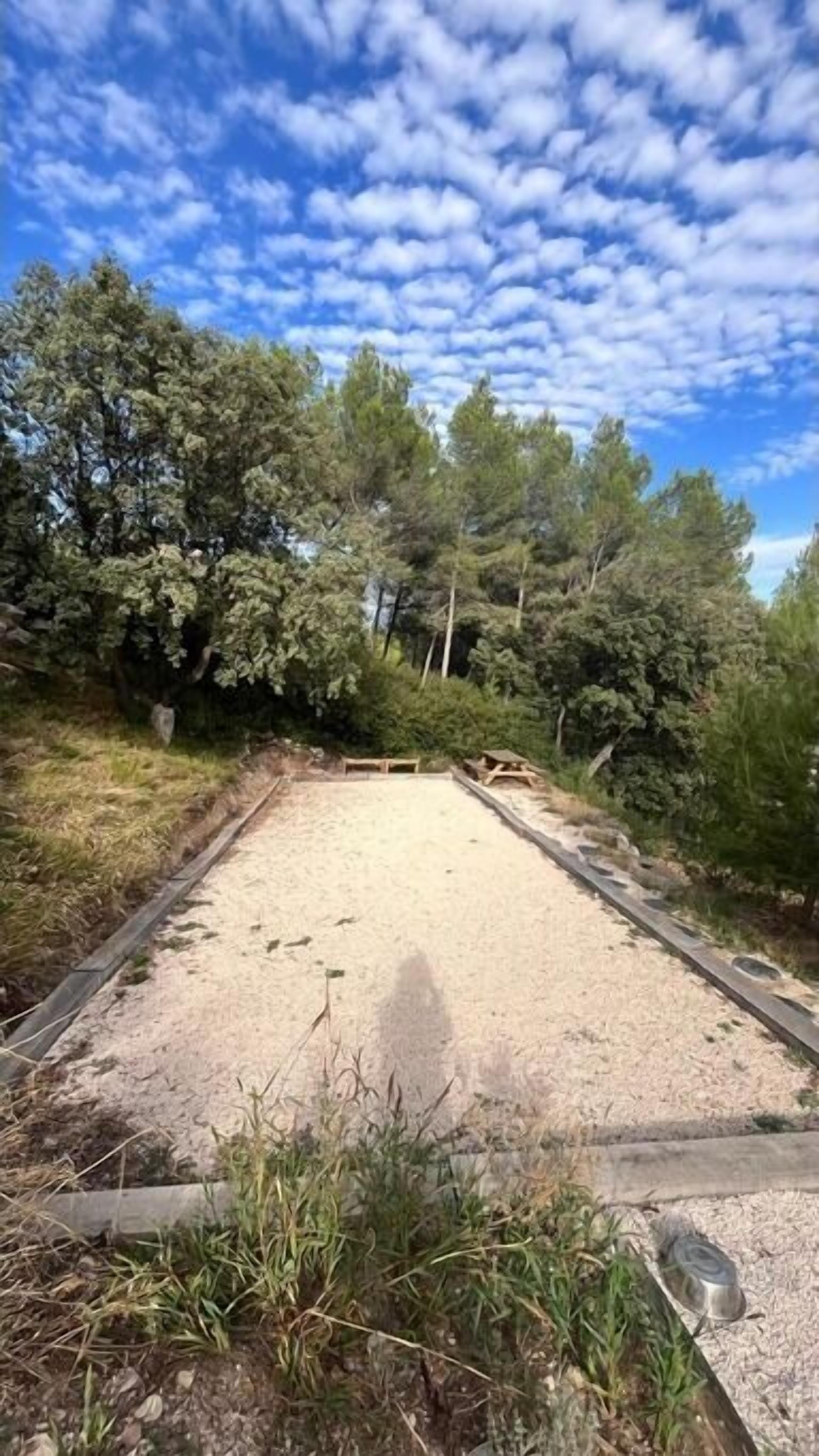 A gravel path leading to a wooden bench area surrounded by dense trees.