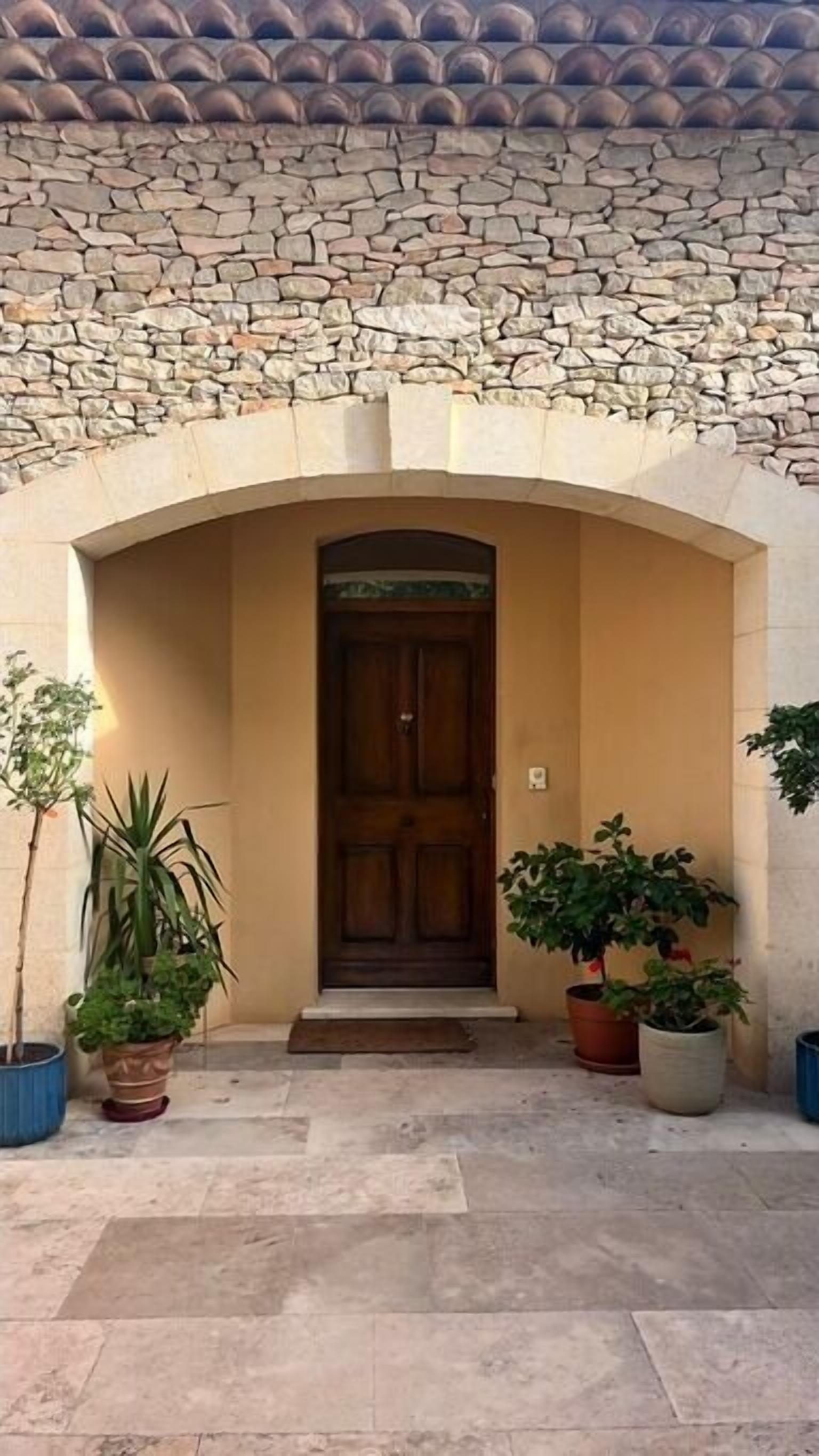 Una entrada con pared de piedra, puerta de madera y plantas en macetas.