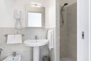 Shower, hair dryer, bidet, towels