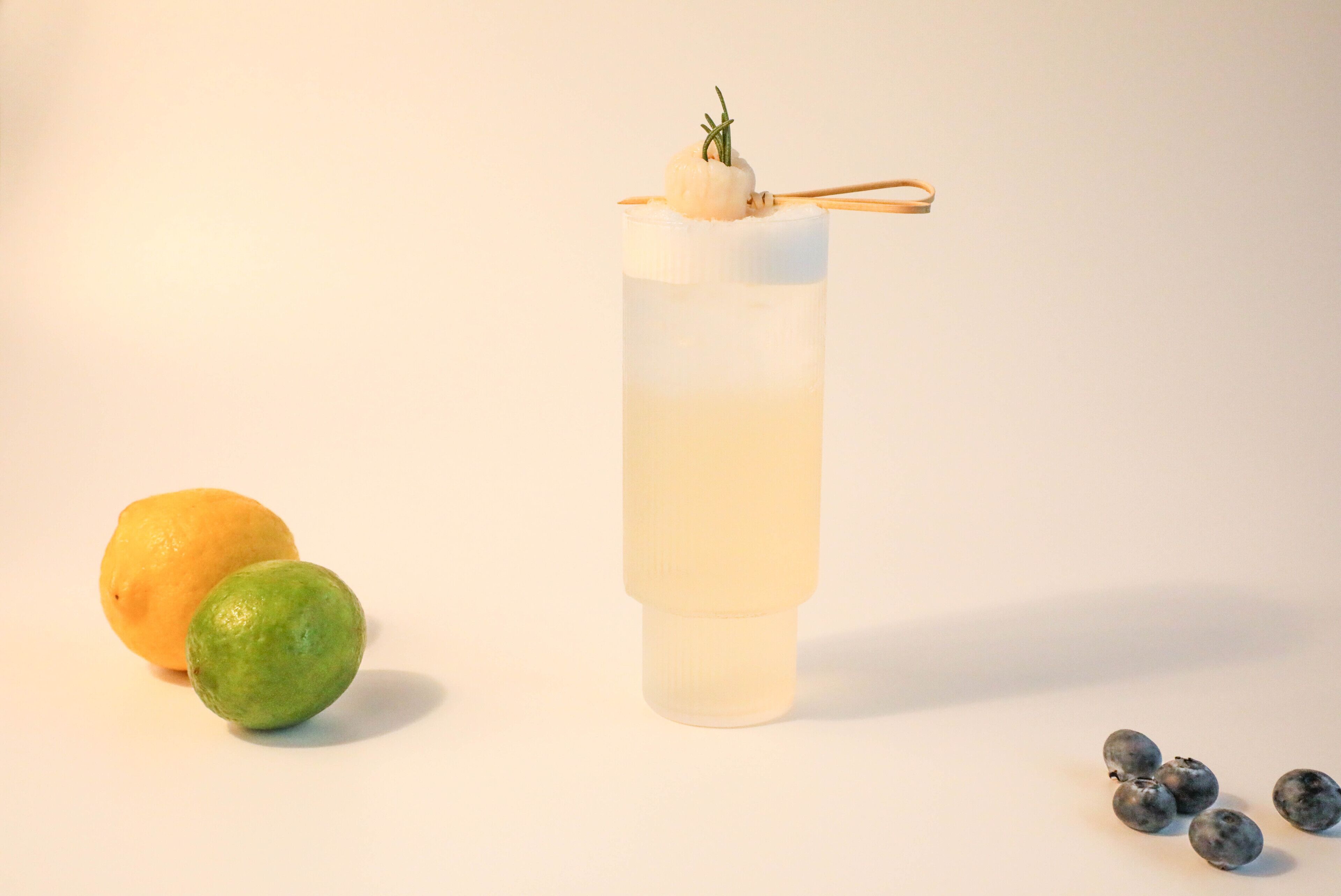 Eine transparente Glasflasche mit weißem Verschluss, eine Zitrone, eine Limette und einige Blaubeeren auf einer weißen Oberfläche.