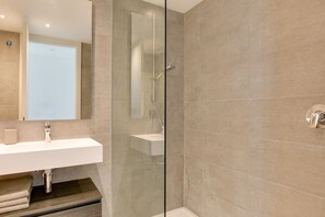 Ducha, secador de pelo, toallas y papel higiénico