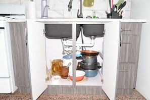 Kitchen area with double sink, stainless steel faucet, and ample storage.