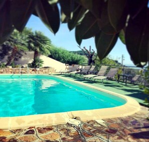 Relax by the serene oval pool surrounded by lush greenery and comfortable lounge chairs.