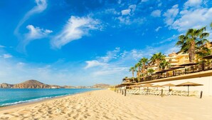 A beach with a clear sky, palm trees, and a building with outdoor seating.