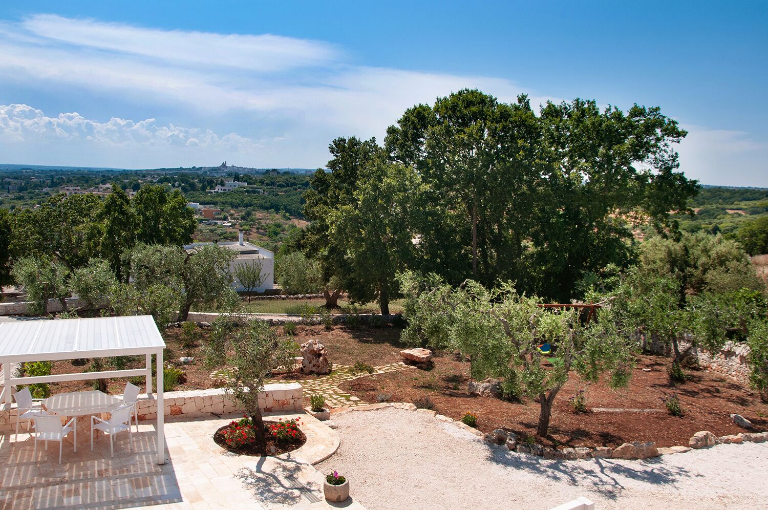 A patio with a table and chairs, surrounded by trees and a view of a distant town.