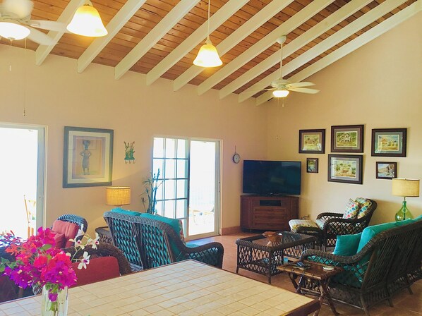 Un salón espacioso con techo alto, televisor, muebles de mimbre y cuadros en las paredes.