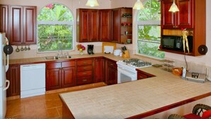 A kitchen with wooden cabinets, a white stove, a microwave, and a large island. - Nancy's Folly Villa - Fabulous Home - overlooking dazzling Rendezvous Bay (Cruz Bay)