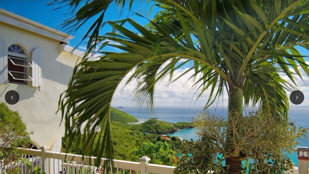 A coastal view with a white building, palm trees, and a clear sky. - Nancy's Folly Villa - Fabulous Home - overlooking dazzling Rendezvous Bay (Cruz Bay)