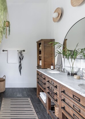 A bathroom with a wooden vanity, a large mirror, a sink, and a hanging plant.