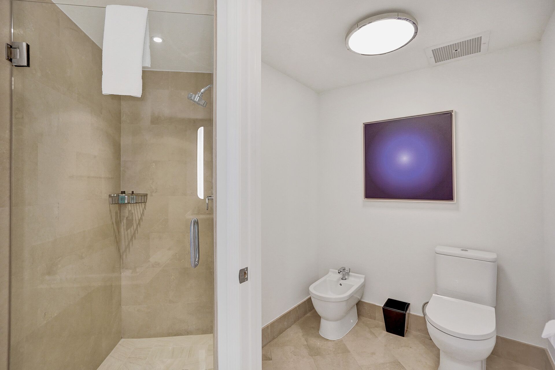 A modern bathroom with a glass shower enclosure, a bidet, a toilet, and a wall-mounted mirror.