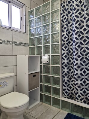 Shower, hair dryer, towels, soap