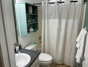 Combined shower/tub, towels, soap, toilet paper