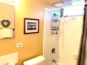 Ensemble douche/baignoire, sèche-cheveux, serviettes fournies